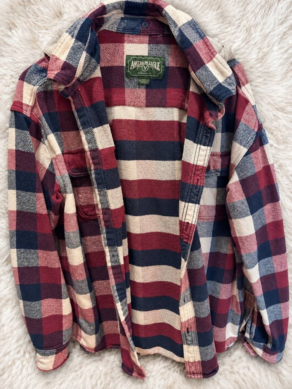 American Eagle Outfitters Red Navy Cream Plaid Men's Fannel Jacket Size Large